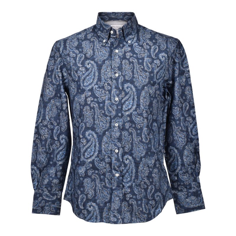Brunello Cucinelli Blue Paisley Slim Fit Shirt_Blue