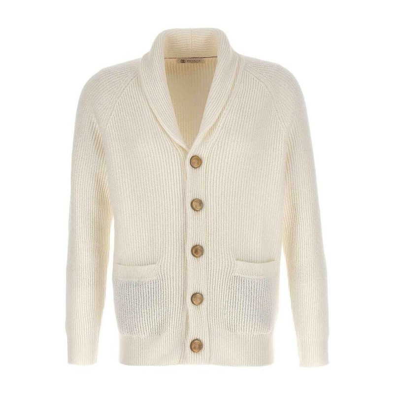 Brunello Cucinelli Ivory Shawl Collar Knit Cardigan_Beige