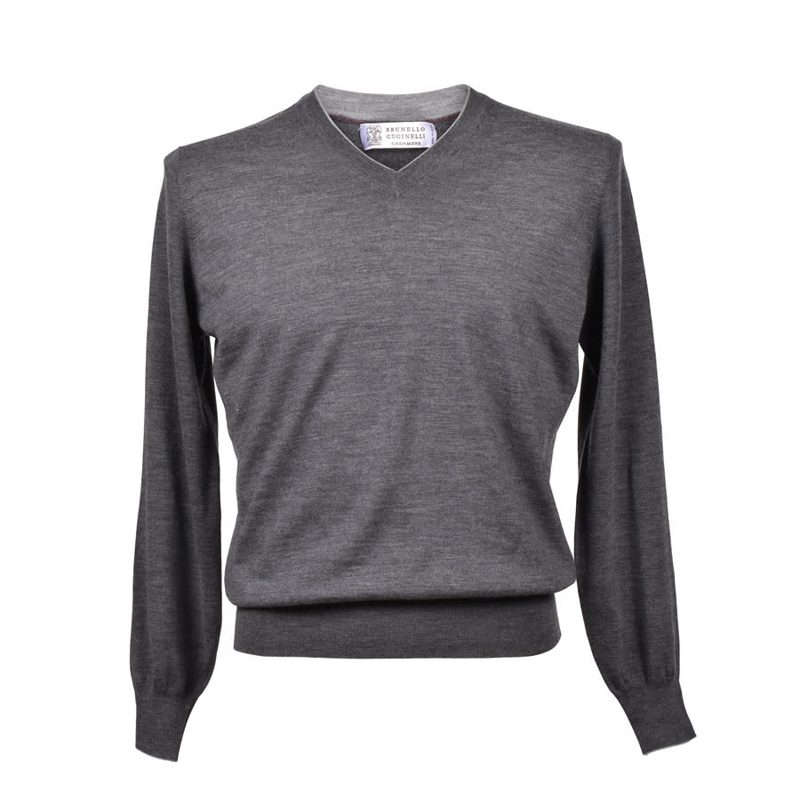 Brunello Cucinelli Gray Virgin Wool V-Neck Sweater_Grey