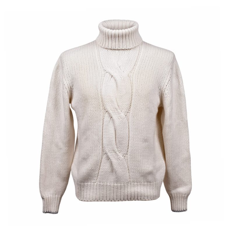 Brunello Cucinelli Cream Cashmere Cable Knit Turtleneck_Beige