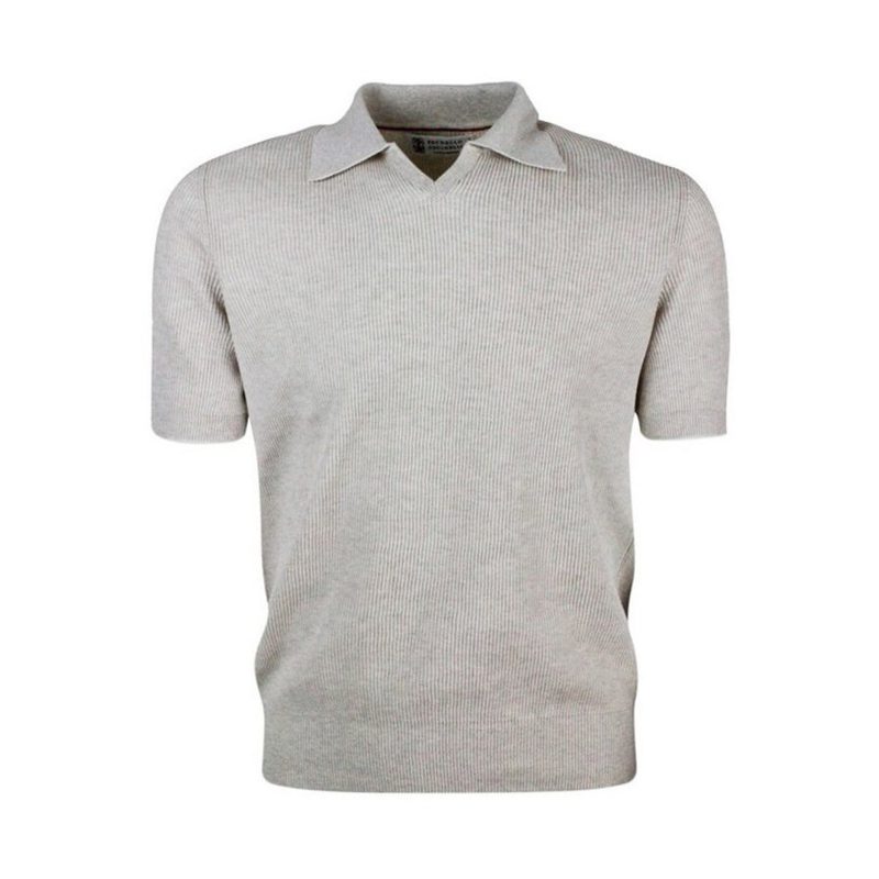 Brunello Cucinelli Oat Ribbed Knit Polo Sweater_Beige