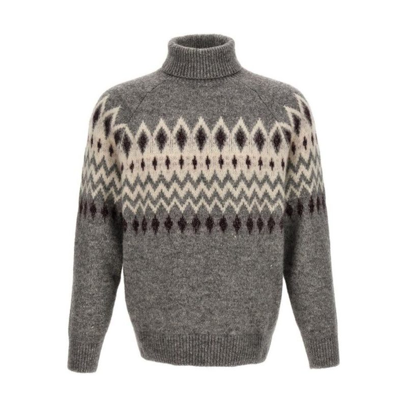 Brunello Cucinelli Grey Patterned Turtleneck Knit Sweater_Grey