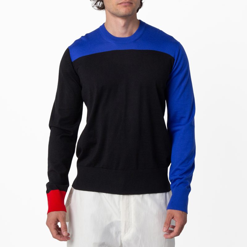 Colorblock Long Sleeve Cashmere Sweater_Blue Checked Dark