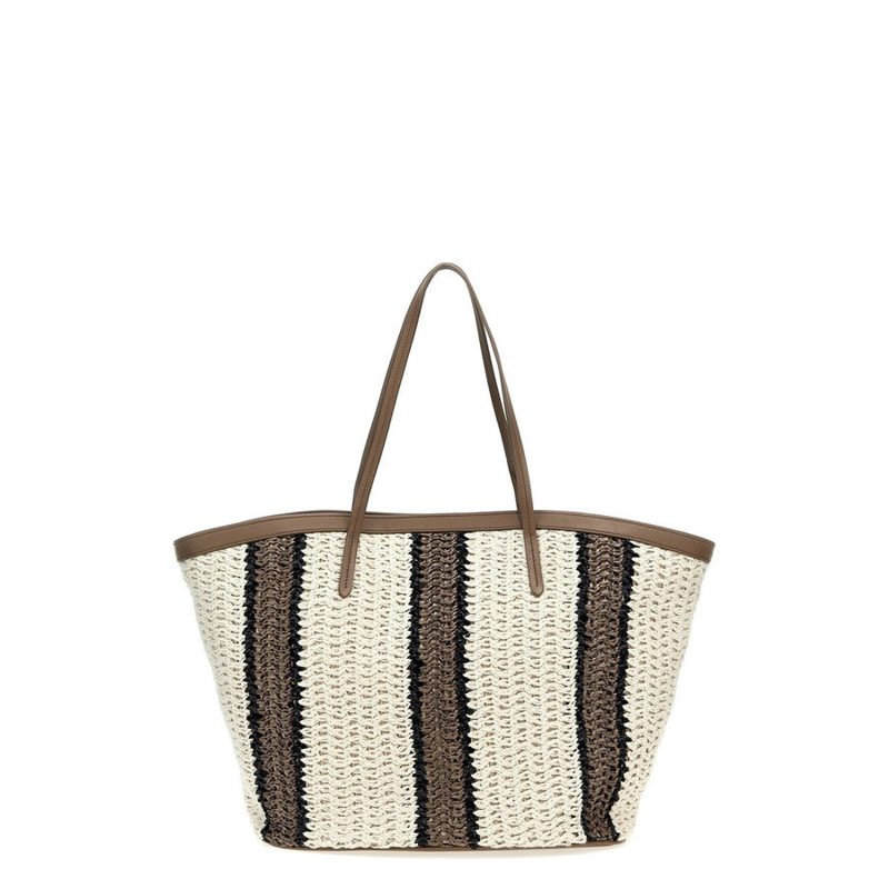 Brunello Cucinelli White Beige Striped Woven Tote Bag_Multi-Color
