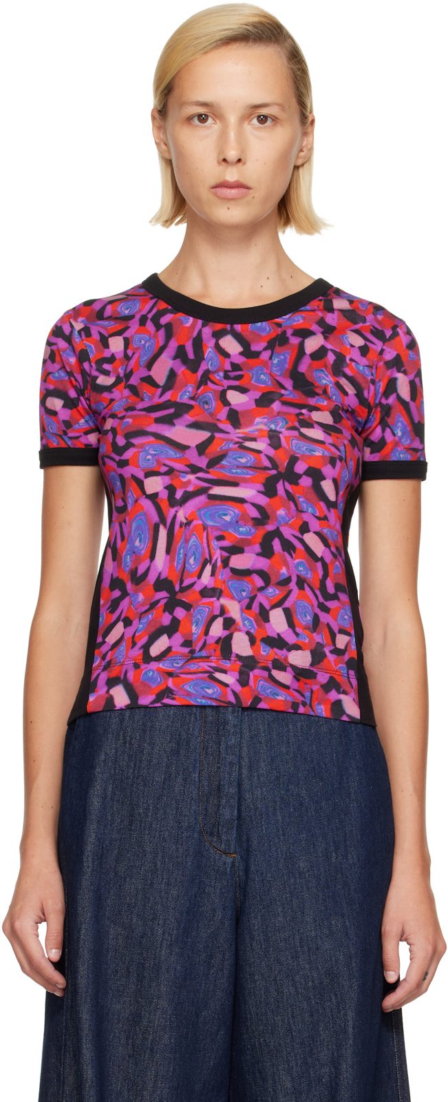 Pink Fitted Contrast T-shirt 262358F110000