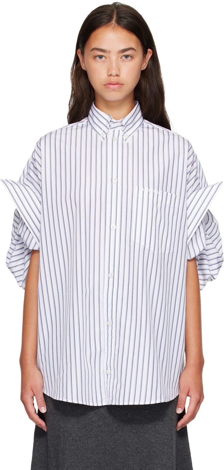 White & Blue Tucked Sleeve Shirt 261342F109001