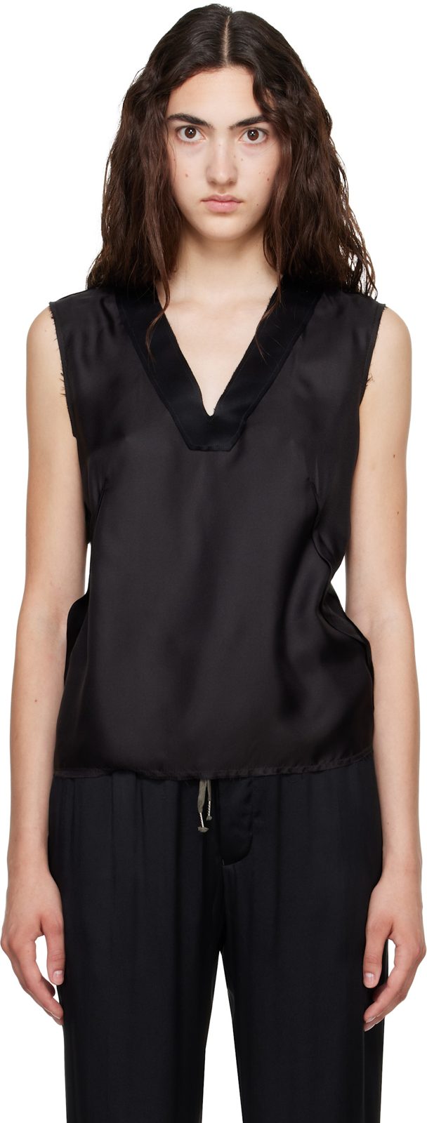 Black Silk V-Neck Top 262168F107000