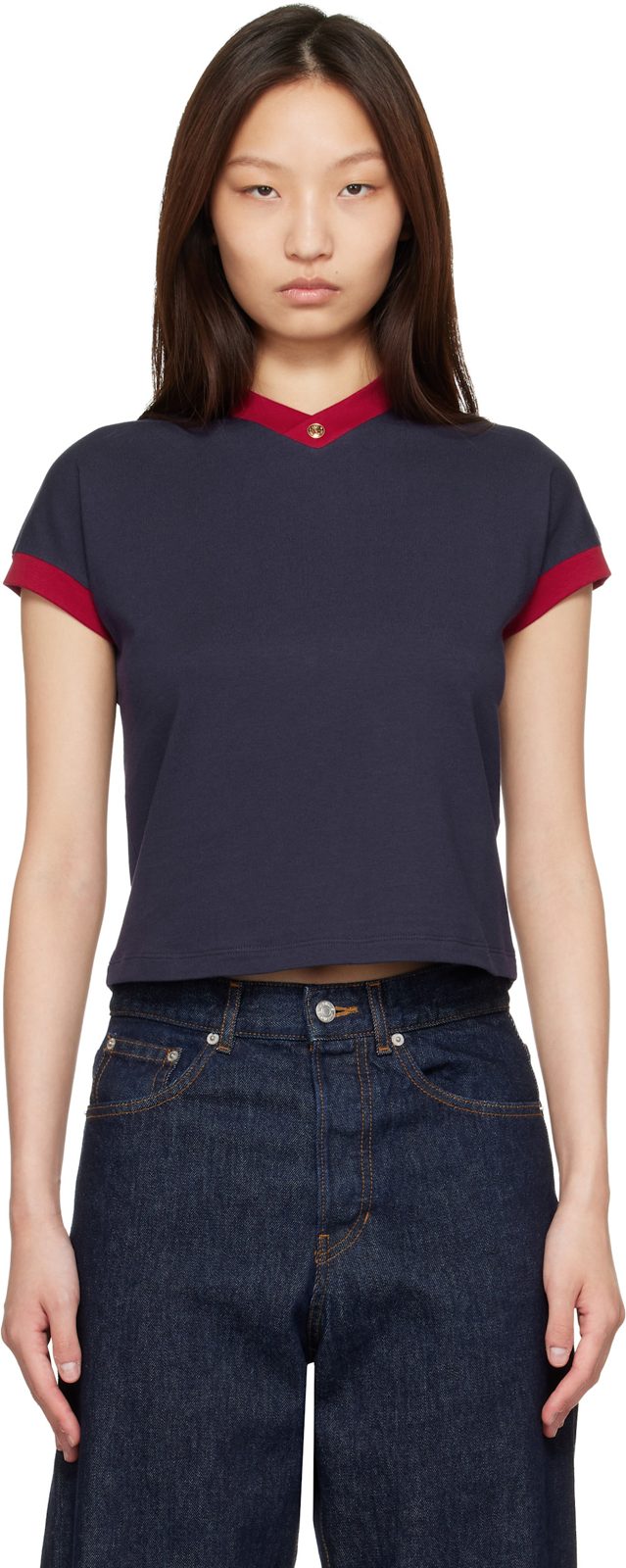 Navy & Red Stretch Cotton-Jersey T-shirt 261404F110007