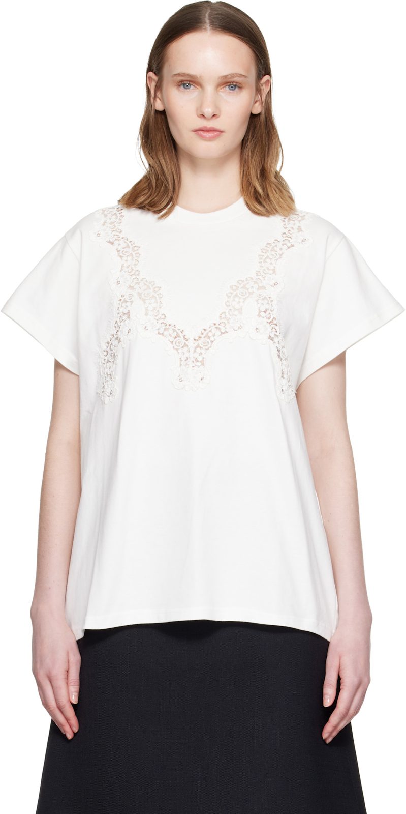White Lace Mix Washed Jersey Cotton T-shirt 262471F110003