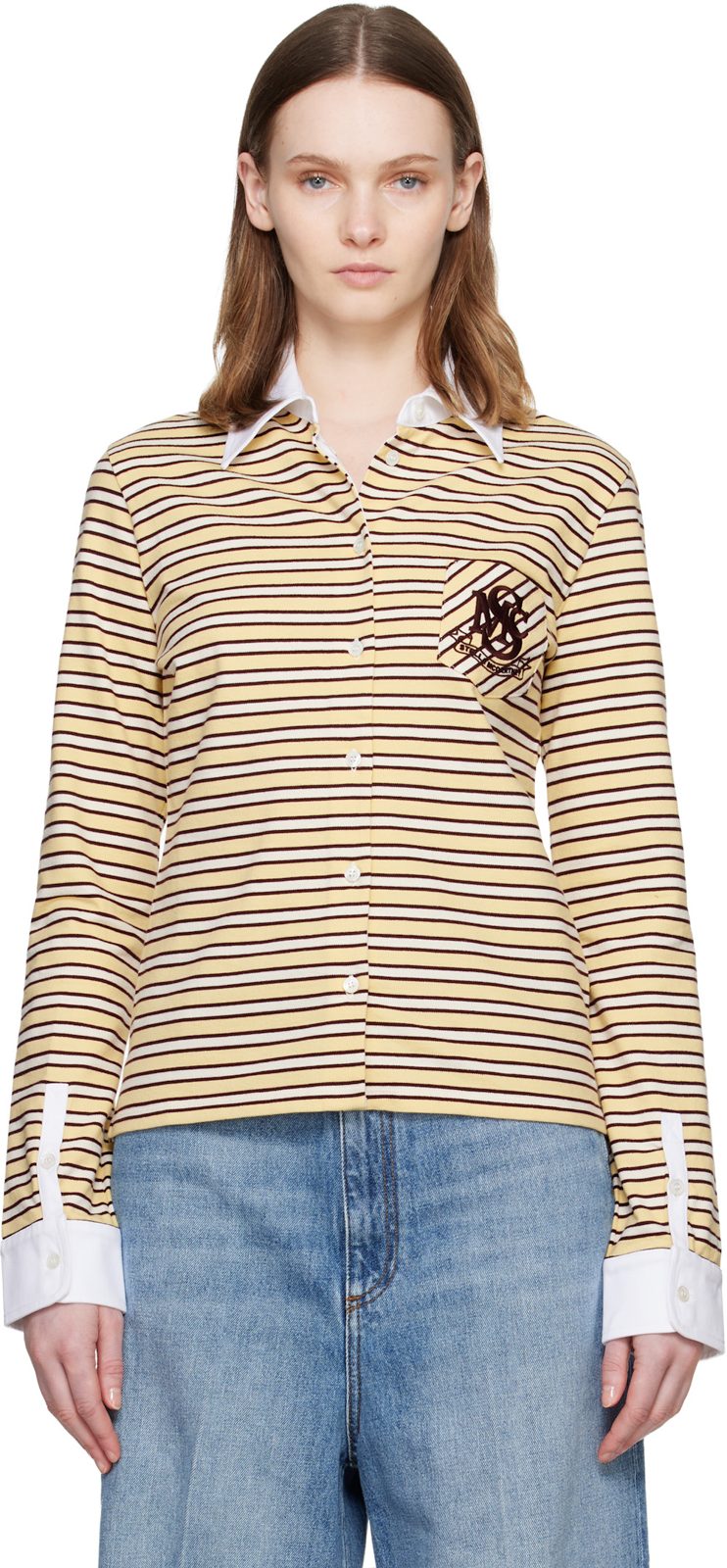 Yellow Fancy Stripe Crest Polo Shirt 262471F108000