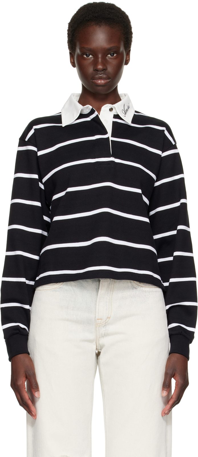 Black & White Striped Long Sleeve Polo 262886F108001