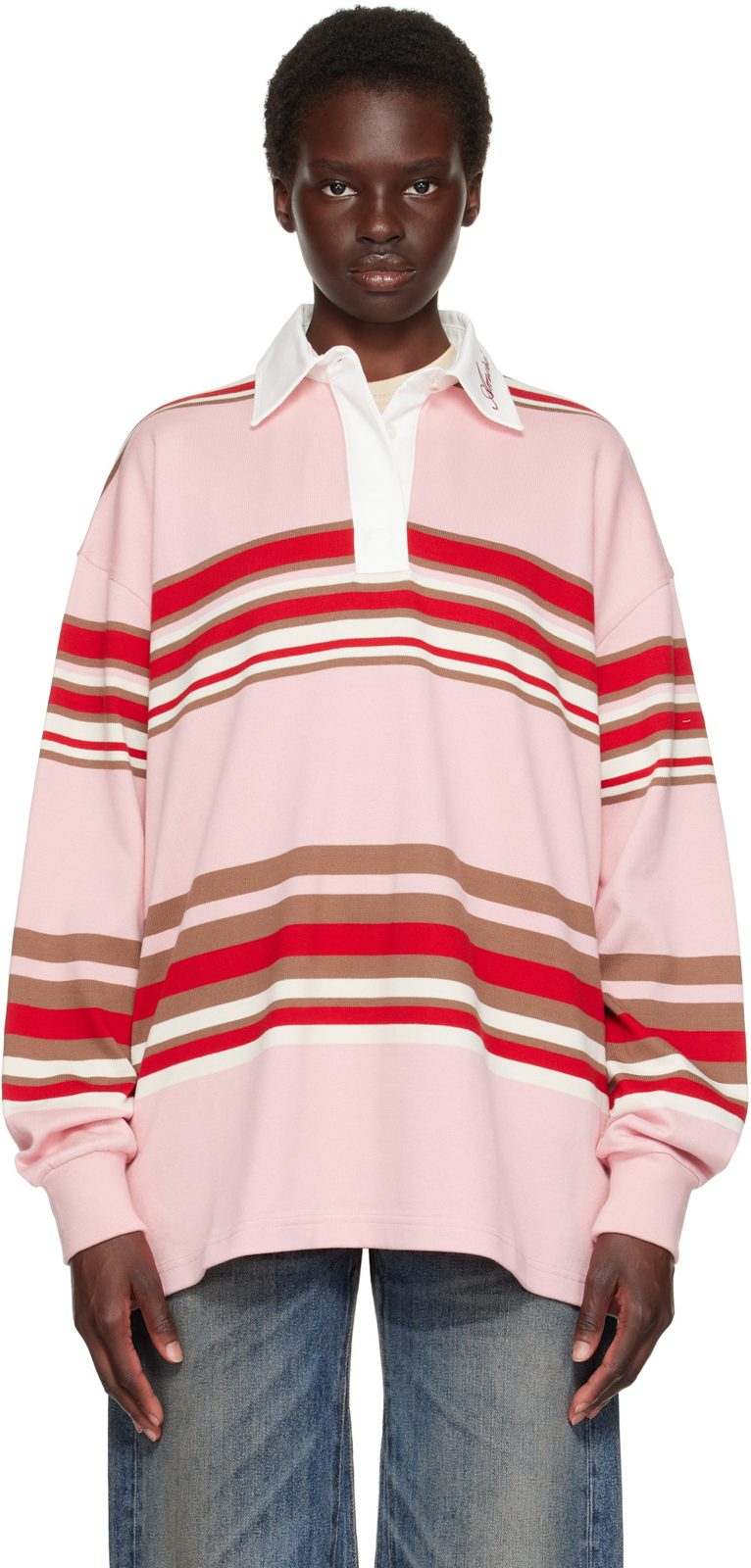 Pink & Red Striped Oversized Long Sleeve Polo 262886F108002