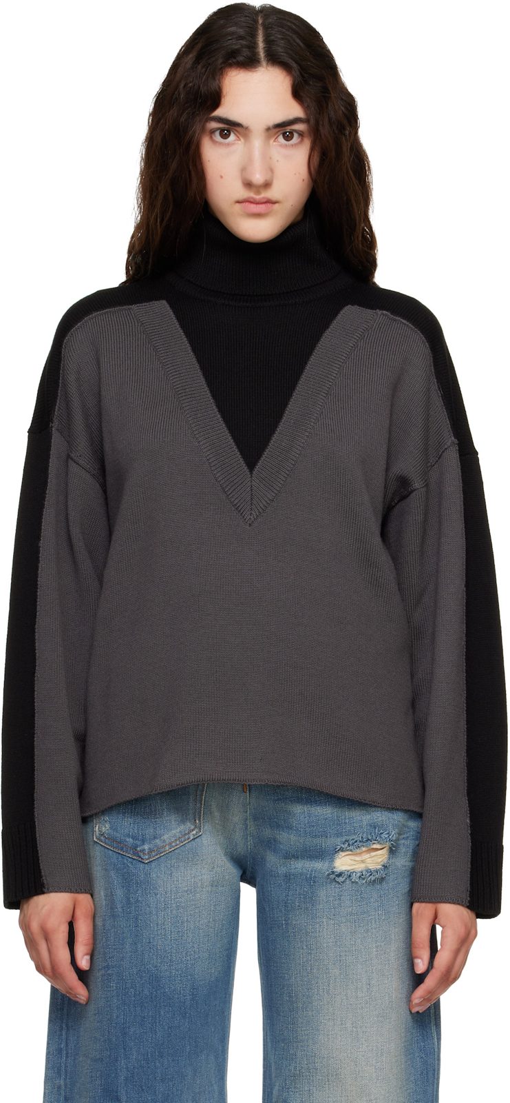 Black & Gray Trompe LOeil Turtleneck 262188F099000