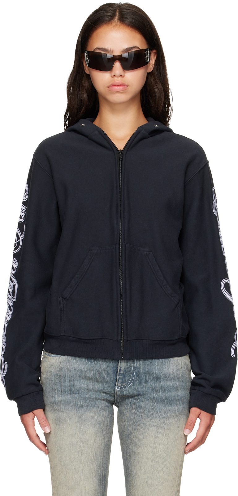 Black Cursive Zip-Up Regular Fit Hoodie 261342F097000