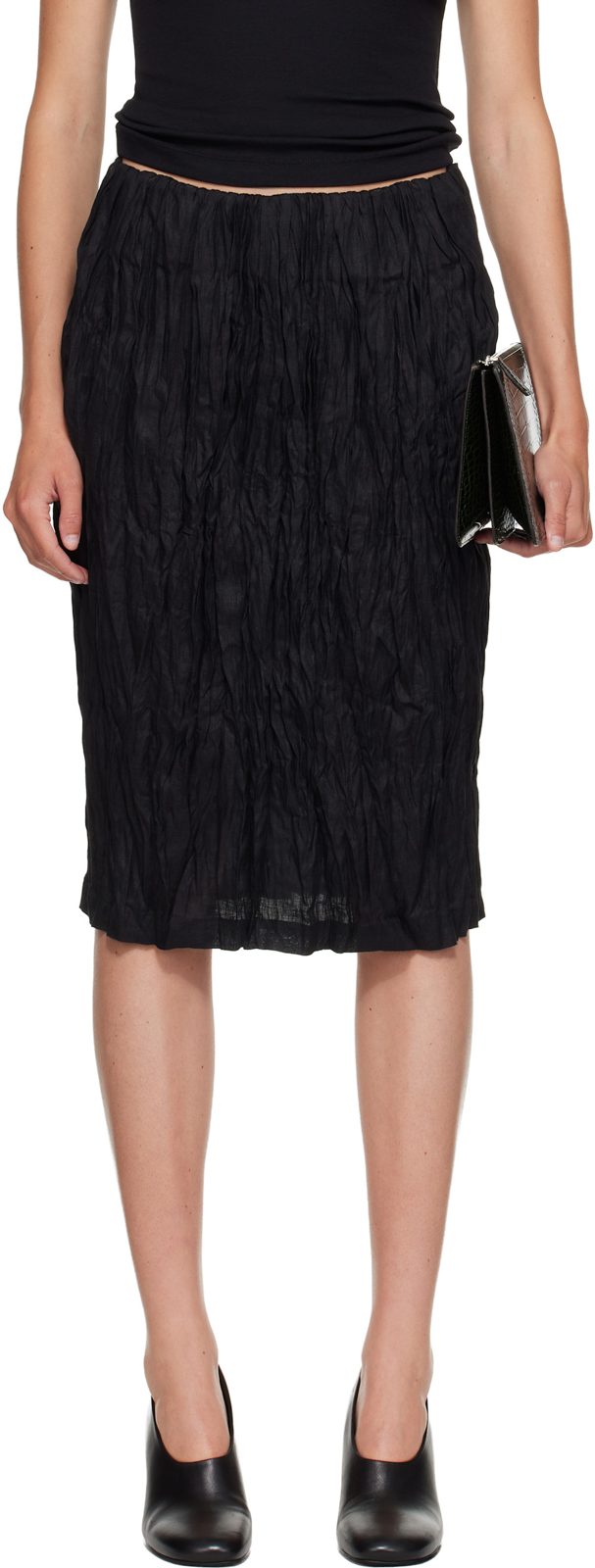 TOTEME Black Crinkled Linen Maxi Skirt 261771F092015