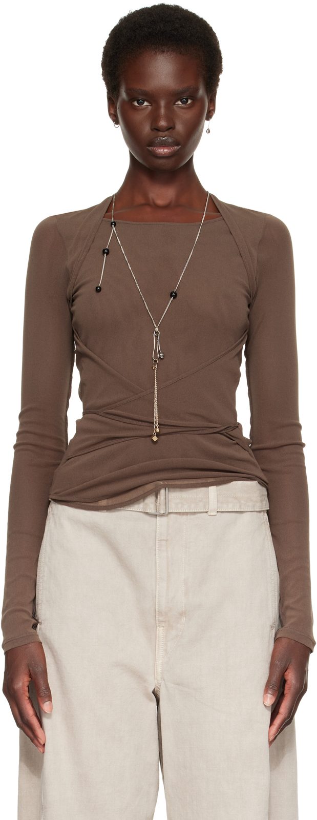 Brown Ballerina Wrap Blouse 262646F107004