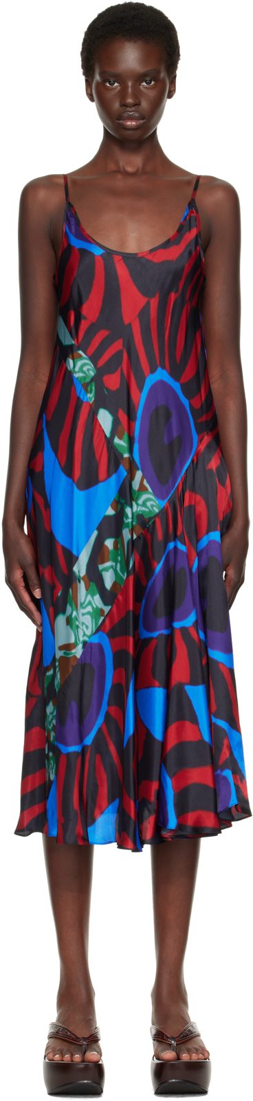Red & Blue Printed Slip Midi Dress 262358F054003