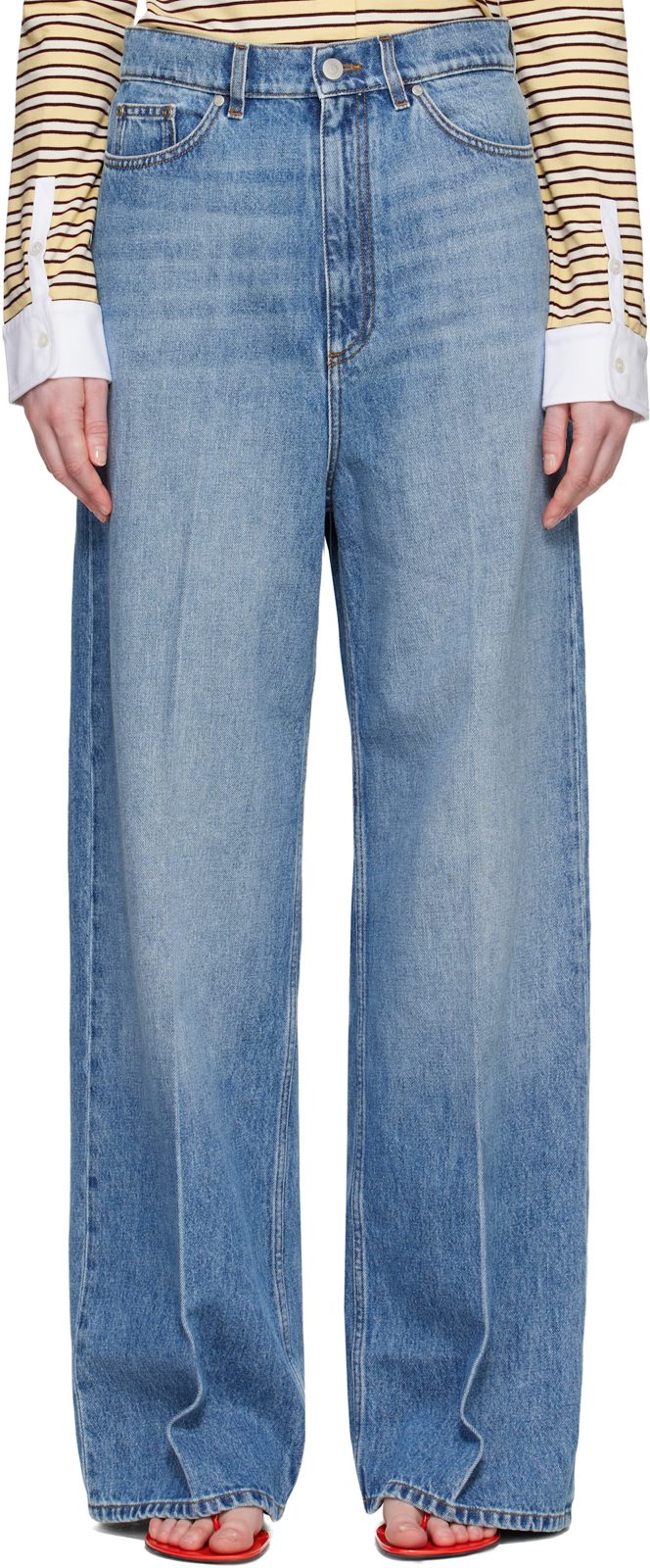 Blue Faded Wide-Leg High-Rise Jeans 262471F069002