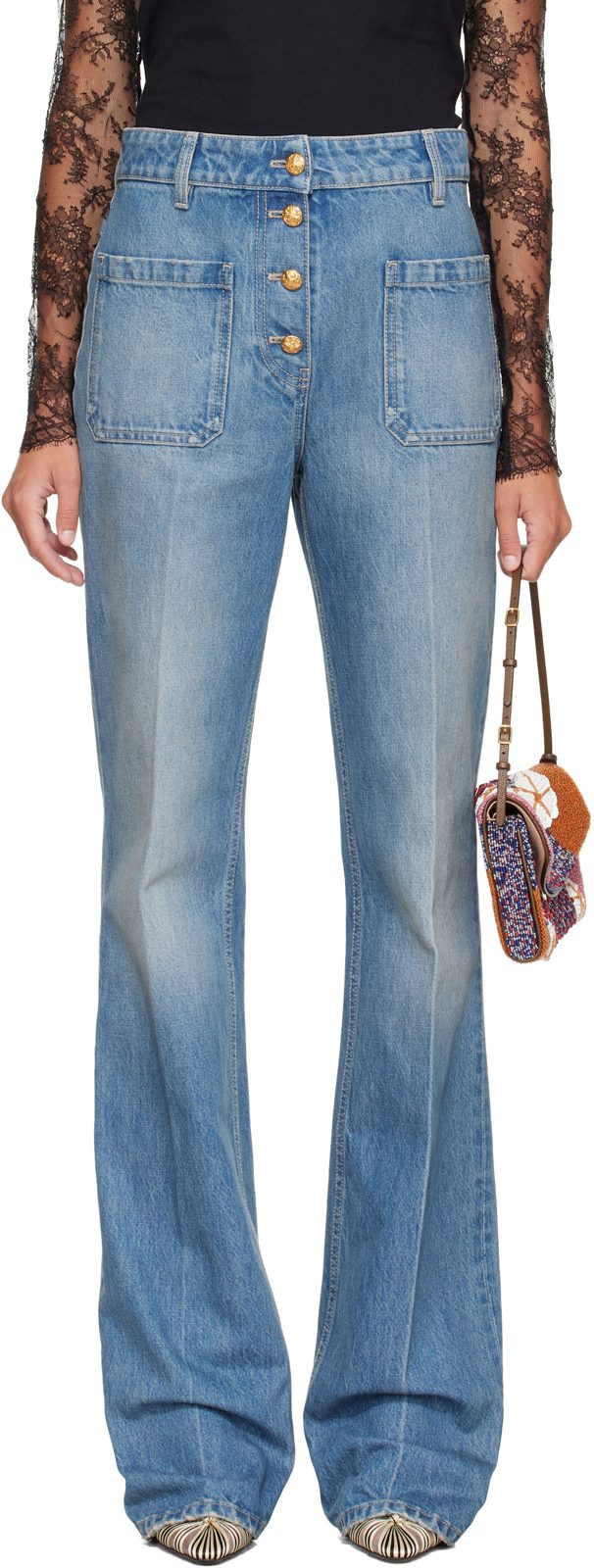 Blue Denim Exposed Button Jeans 262476F069000