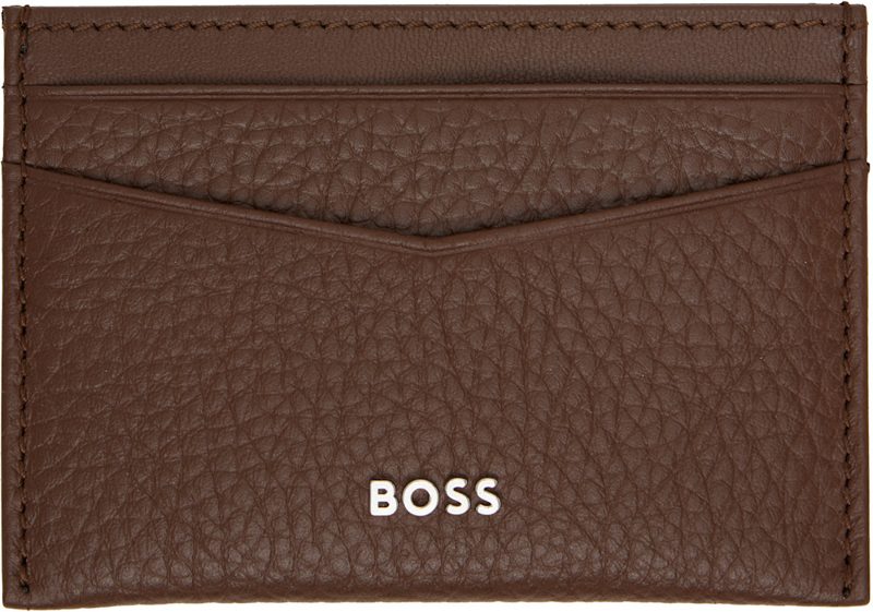 Brown Grained-Leather Metal Logo Card Holder 262085M163004