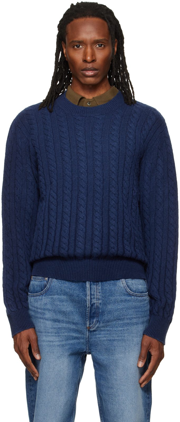 Navy Oversized Cable-Knit Sweater 262252M201003