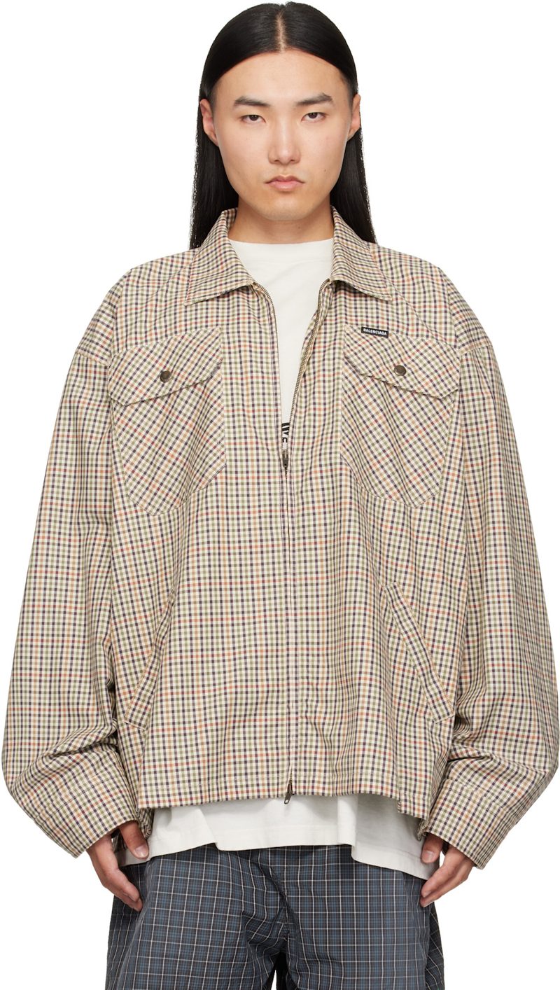 Beige Check Flannel Zip-Up Shirt 262342M192002