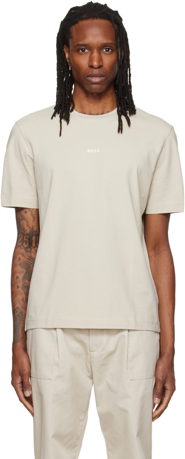 Beige Relaxed-Fit Layered Logo Print T-shirt 262085M213010