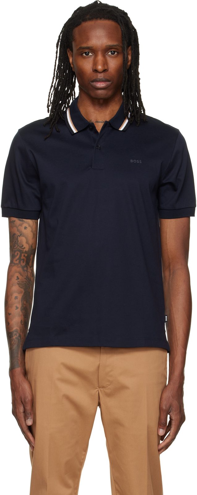 Navy Striped Collar Slim-Fit Cotton Polo 262085M212007
