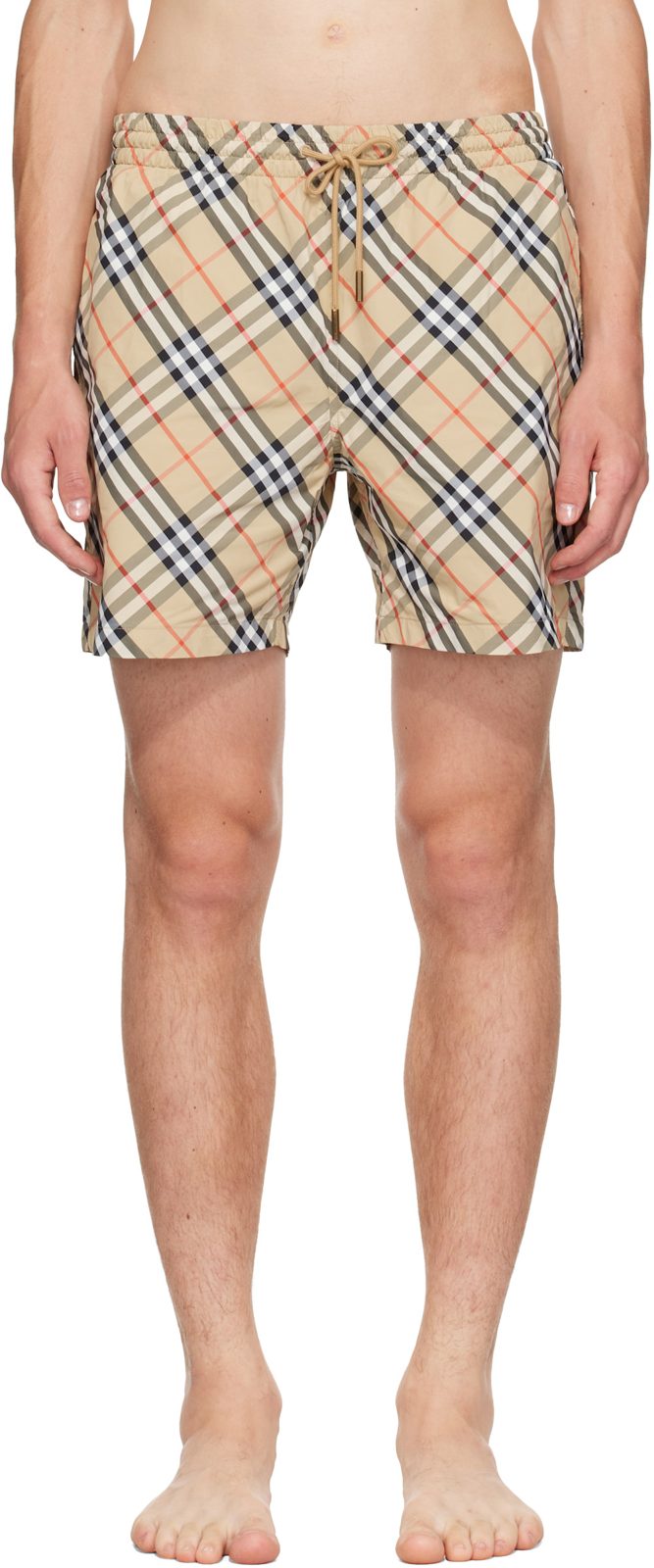 Beige Check Swim Shorts 262376M208002