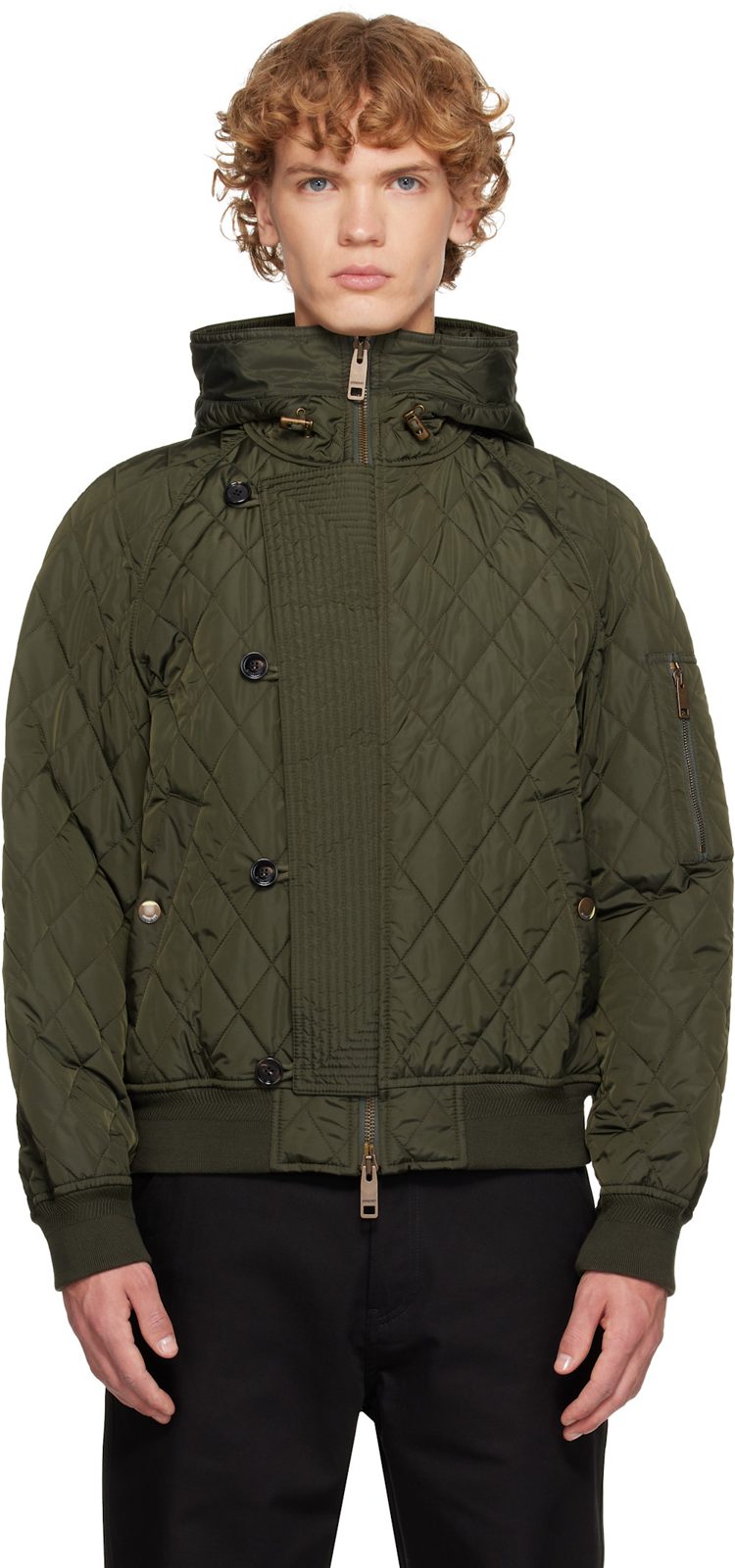Khaki Hooded Quilted Nylon Bomber Jacket 262376M180006
