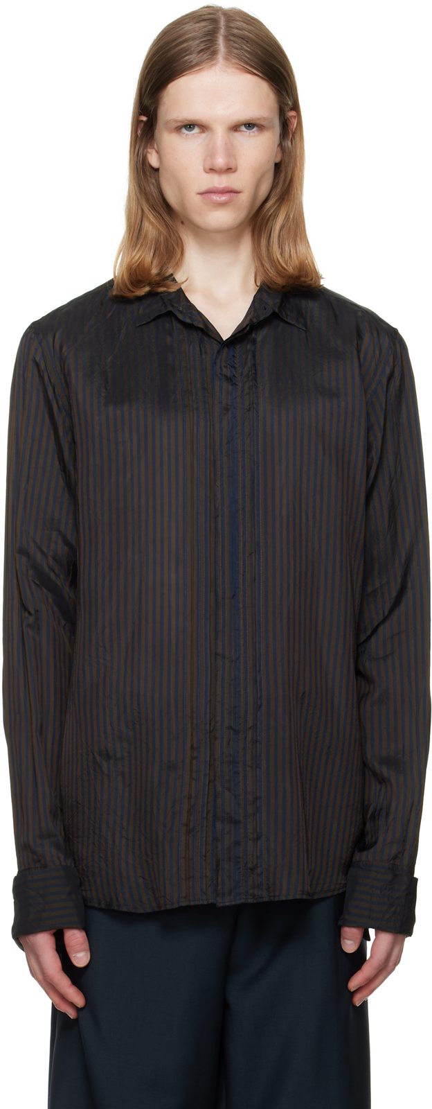 Brown & Navy Striped Pintuck Shirt 262358M192084