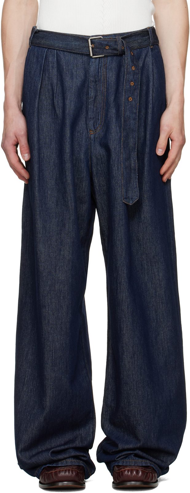 Navy Belted Pleat Jeans 262358M186001