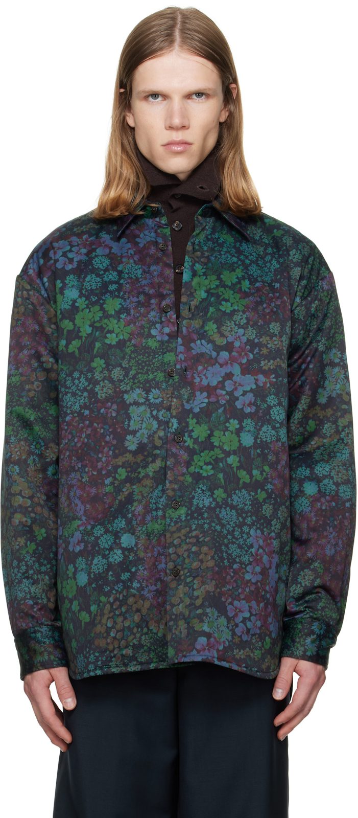 Green Padded Floral Overshirt 262358M192054