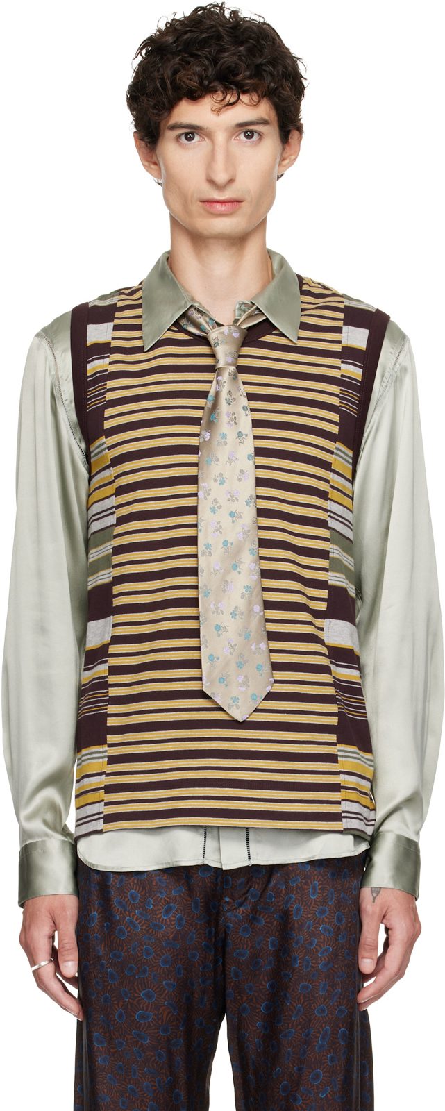 Brown & Yellow Striped Cotton Tank Top 262358M214000