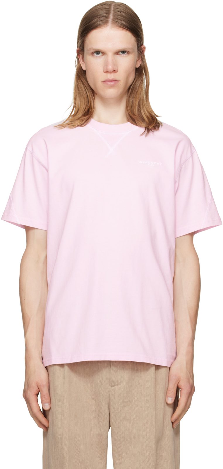 Pink Contour Seam Contrasted Stitch T-shirt 262278M213018