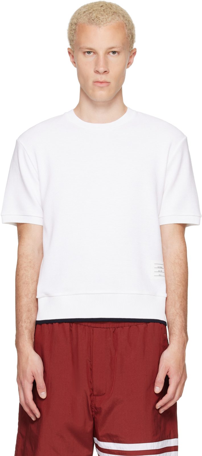 White Short Sleeve Rib Cuff Cotton Waffle T-shirt 262381M212009