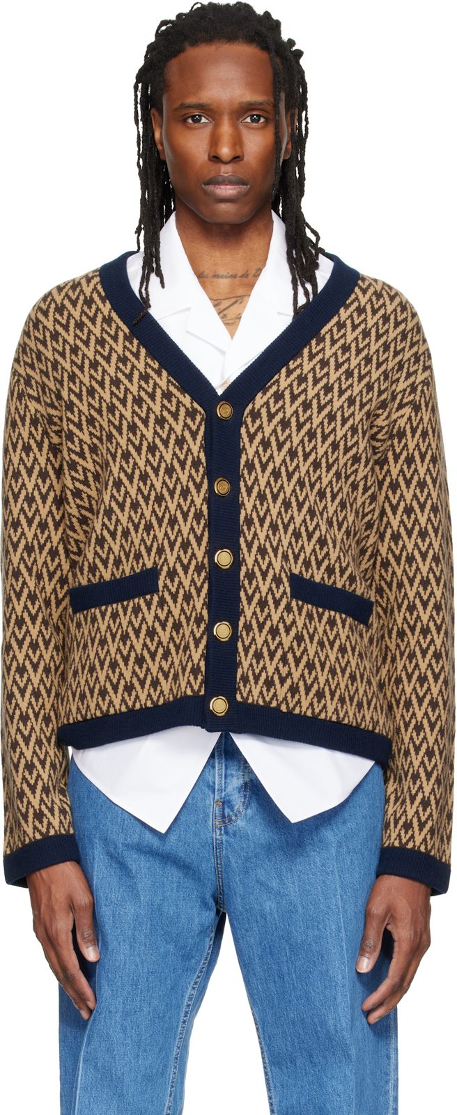 Beige & Navy Jacquard Logo Wool Cardigan 262476M200000
