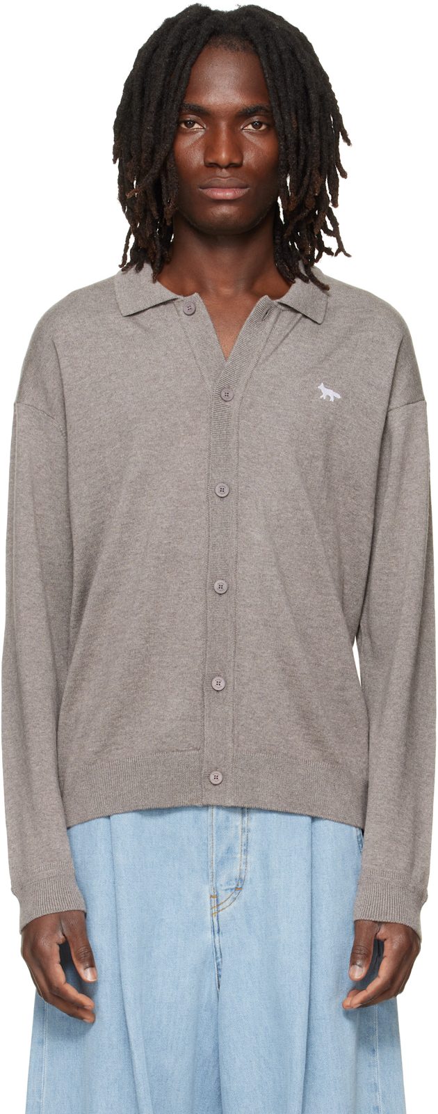 Maison Kitsune Taupe Profile Fox Comfort Polo Cardigan 262389M200009