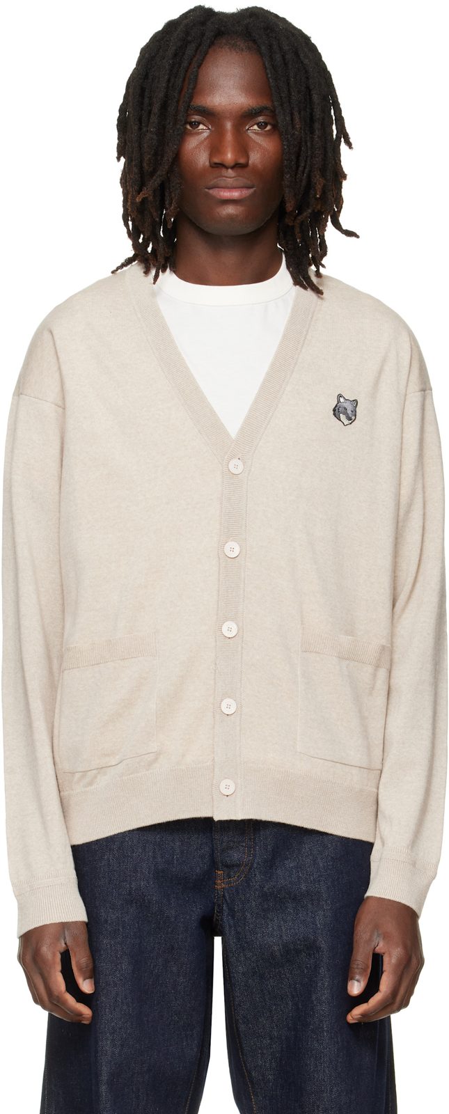 Maison Kitsune Beige Fox Head Merino Comfort Cardigan 262389M200008