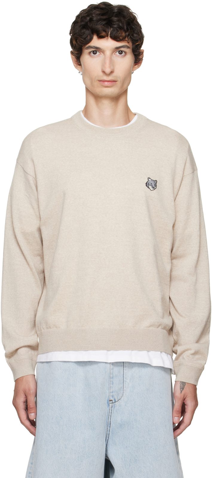 Maison Kitsune Beige Fox Head Merino Comfort Sweater 262389M201007