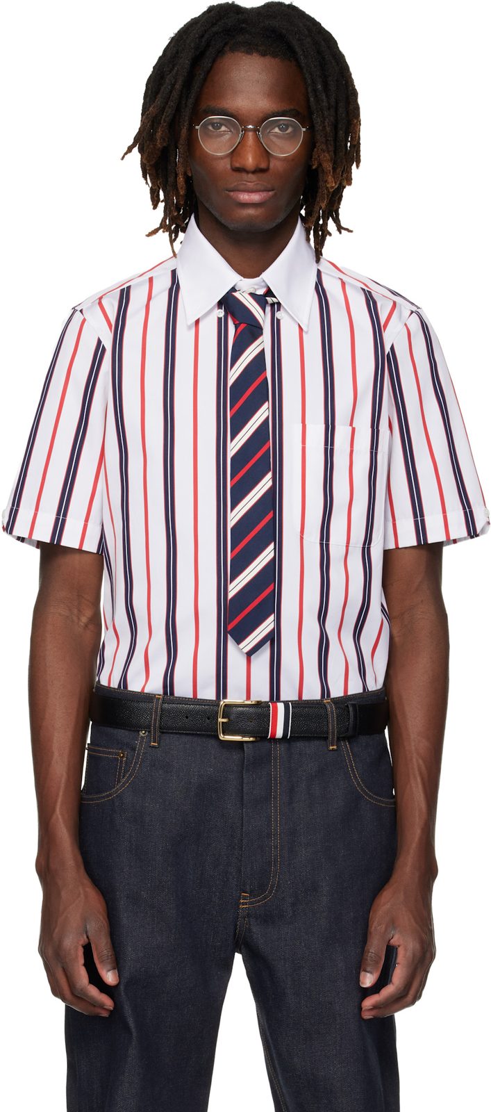 White Repp Stripe Poplin Short Sleeve Shirt 261381M192029