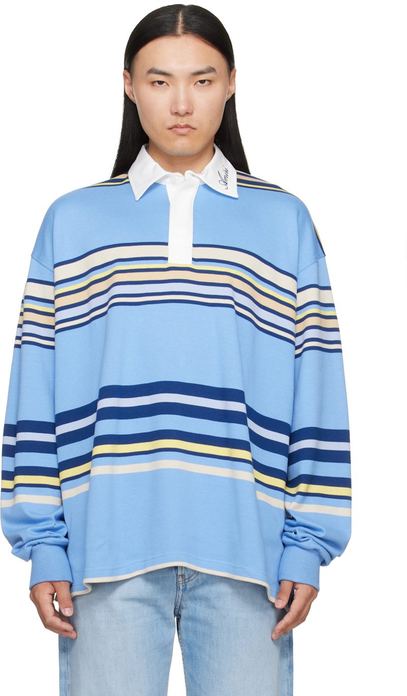 Blue Striped Oversized Long Sleeve Polo 262886M212002
