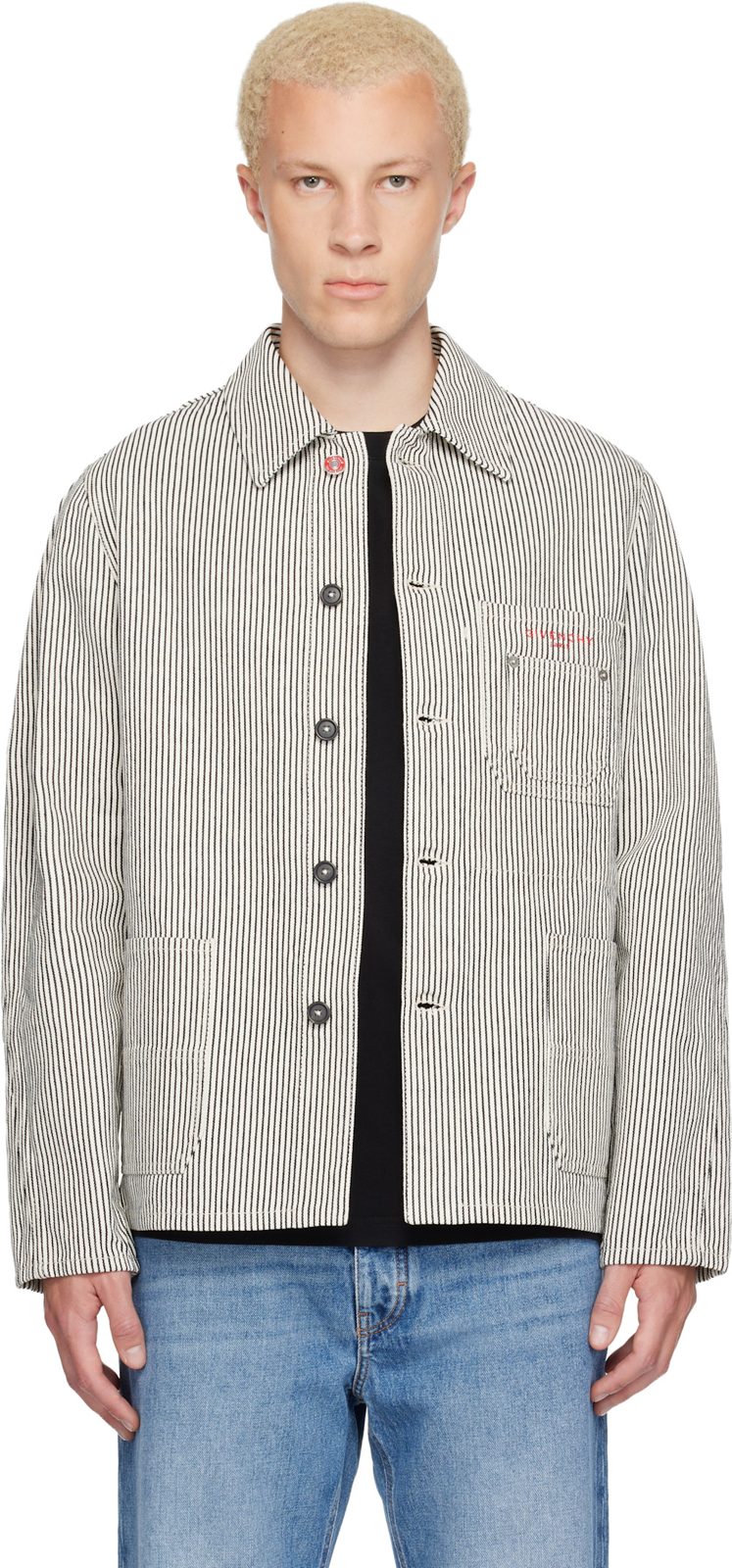White & Navy Striped Workwear Jacket 262278M180004