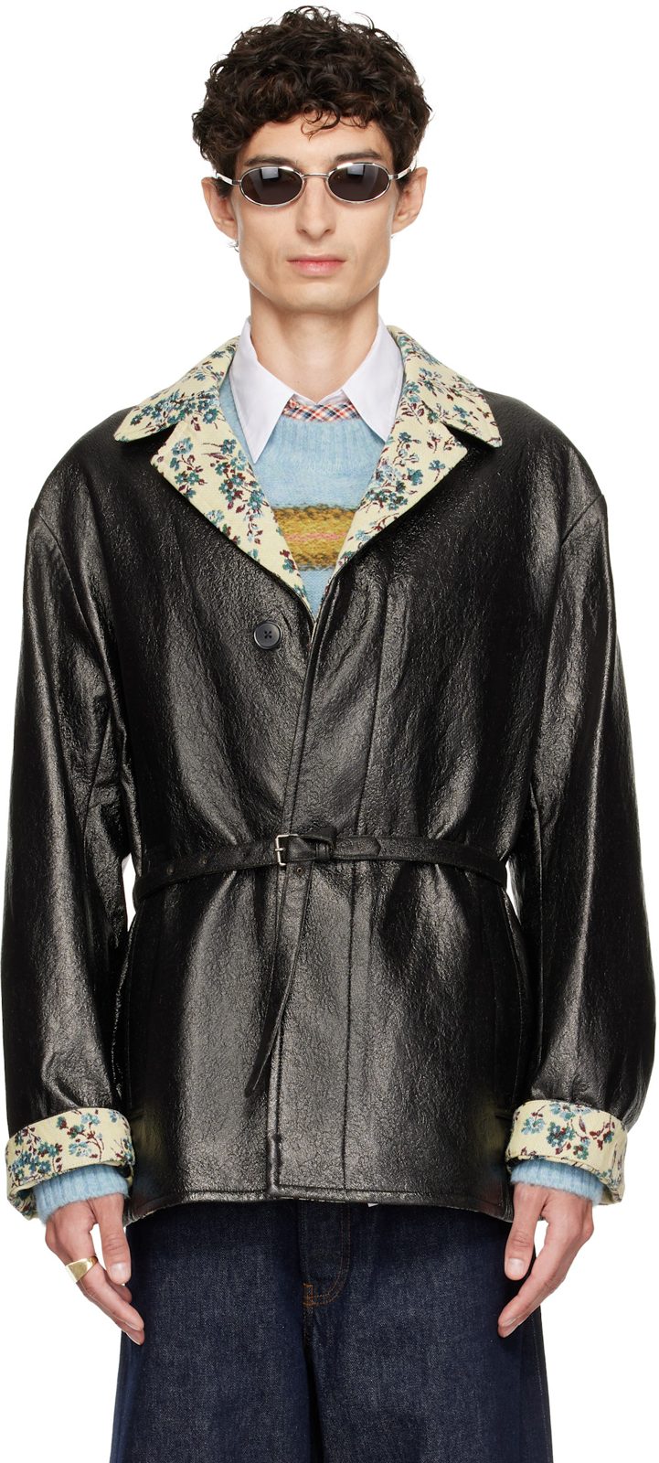 Black Coated Belted Jacket 262358M176008