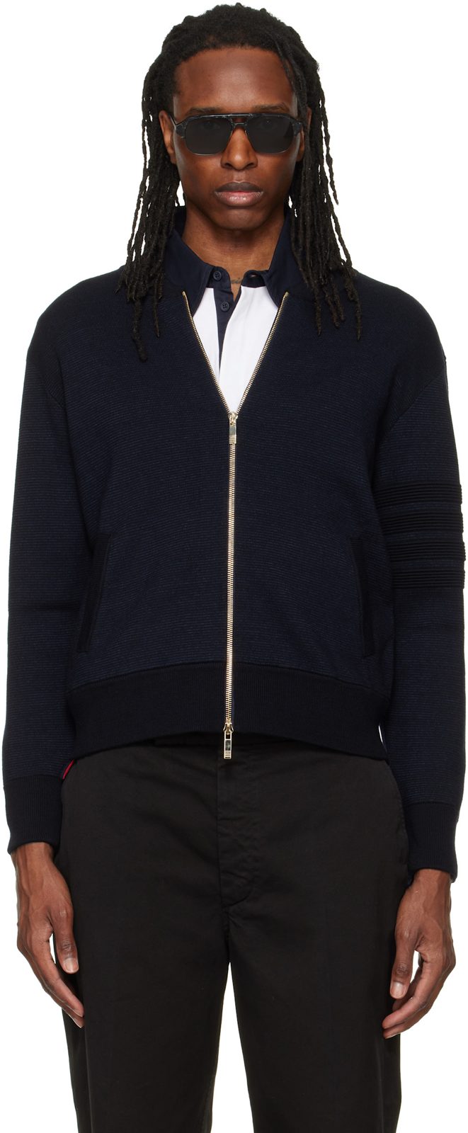 Navy Ottoman Milano Stitch 4-Bar Bomber Jacket 262381M175000
