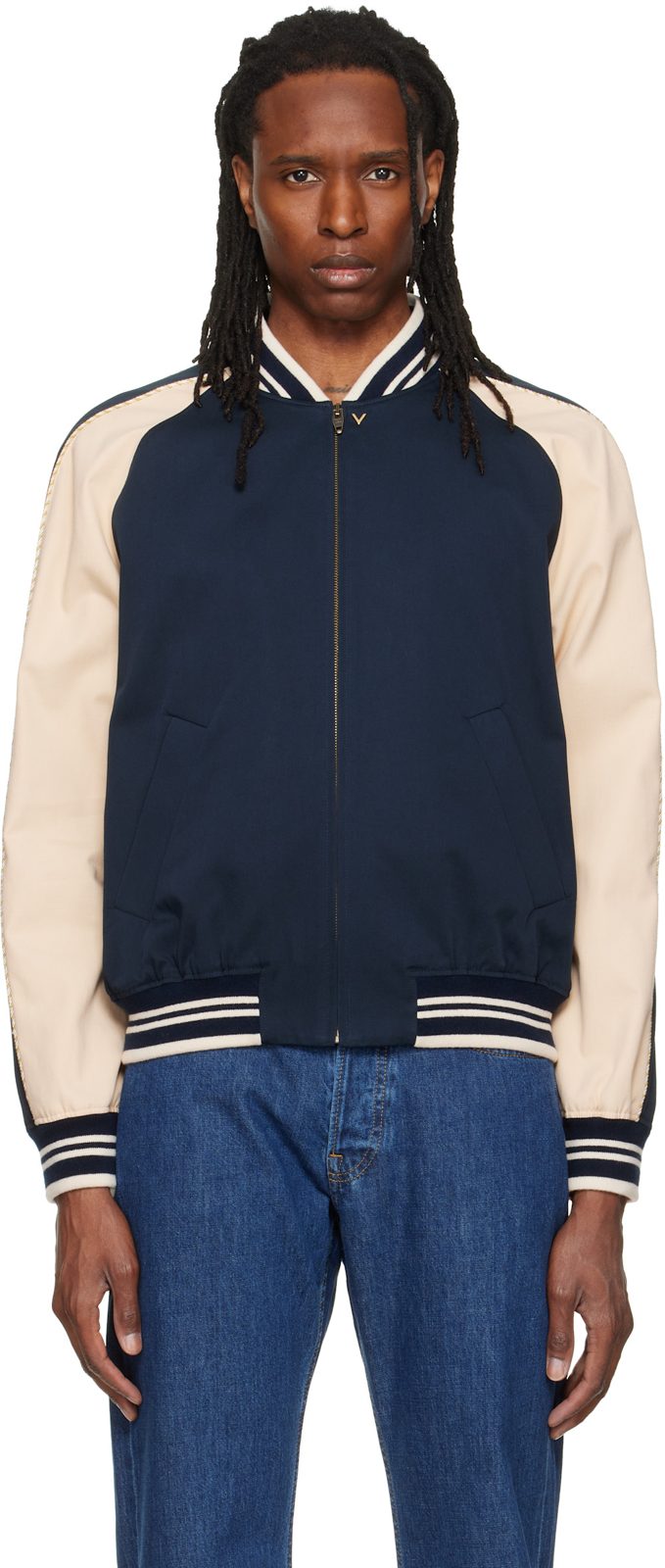 Navy Canvas & Fine Gabardine Bomber Jacket 262476M175000