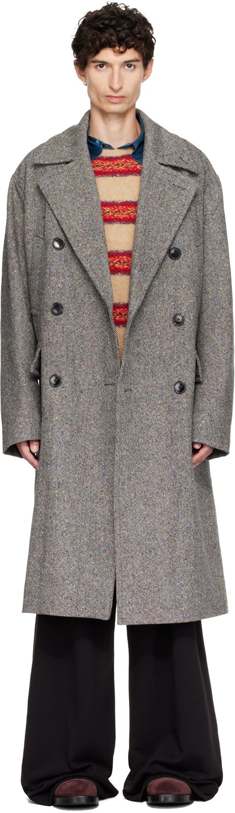 Black & Gray Oversized Wool Tweed Coat 262358M176024