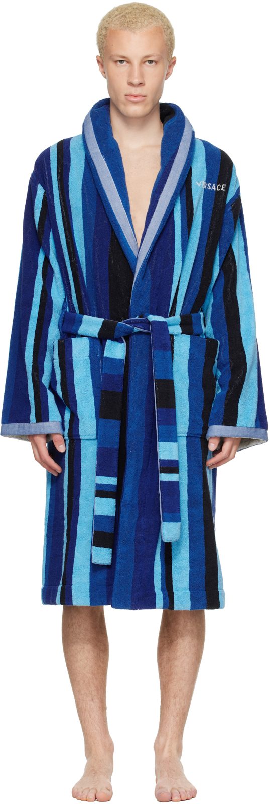 Blue Striped Cotton-Terry Jacquard Bathrobe 262404M219011