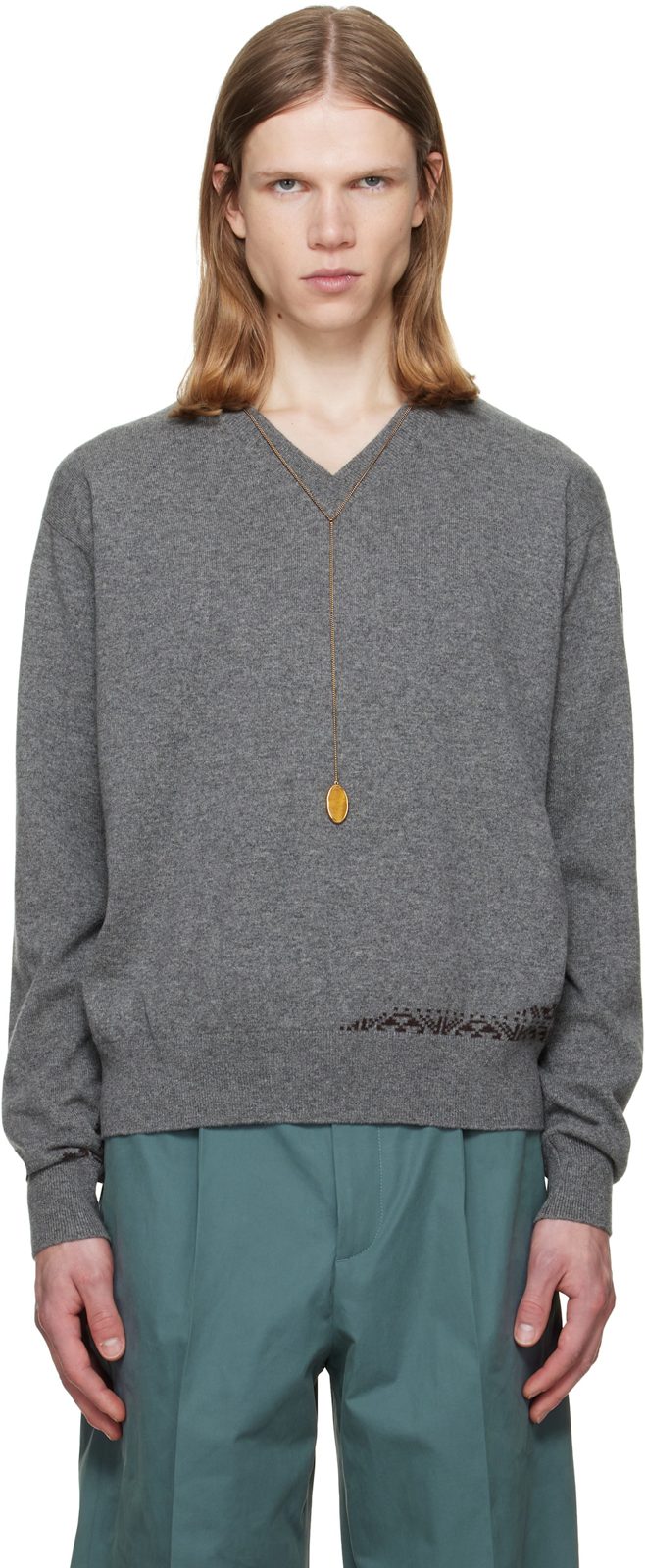 Gray Intarsia Cashmere Sweater 262358M206005