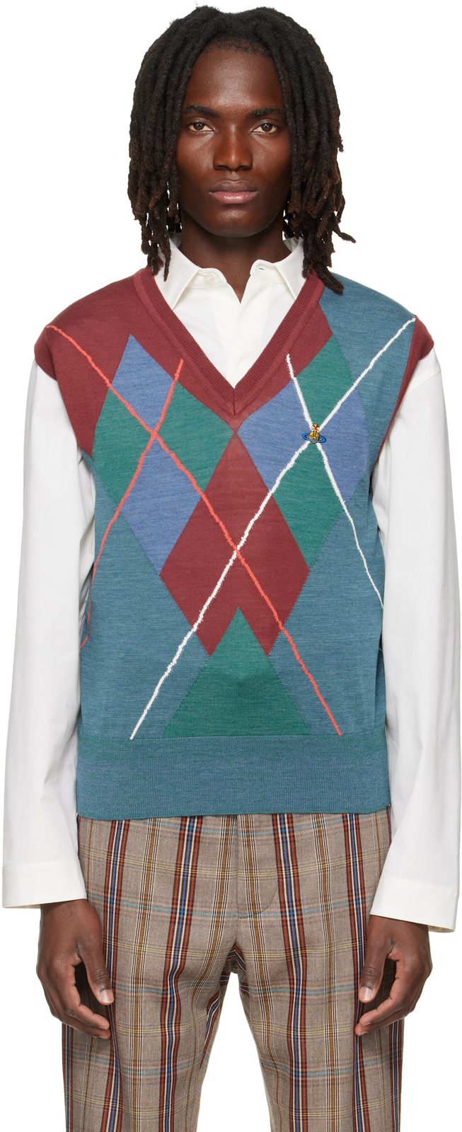 Burgundy & Blue Argyle Vest 262314M206000